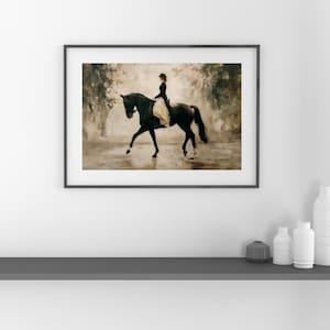 May include: Framed art print of a woman riding a black horse in a classical style. The rider is wearing a dark outfit with a light-colored skirt. The background features a blurred, neutral-toned landscape, creating a sense of depth and movement.