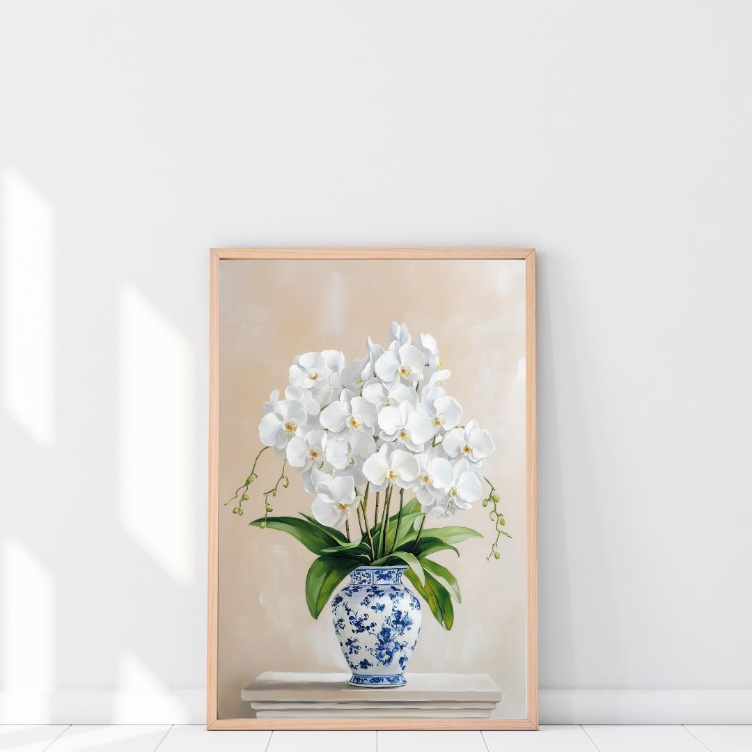 White Orchid in Blue Chinoiserie Vase | Elegant Botanical Oil