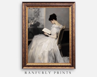 Vintage Woman Reading Print: Moody Portrait Oil Painting (Digital Download)