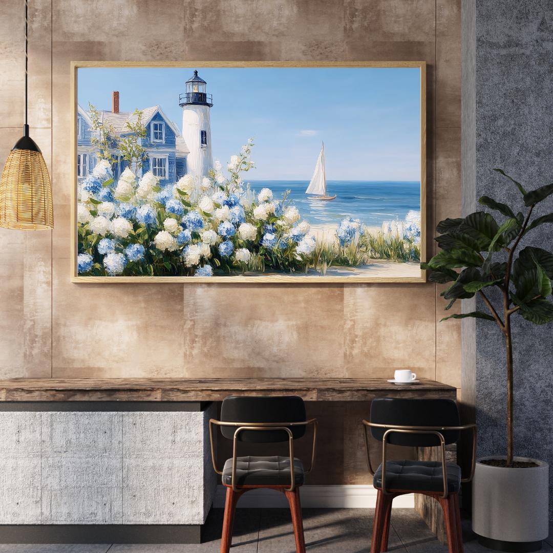 Coastal Lighthouse and Hydrangeas Art Print – Nautical Blue Beach ...