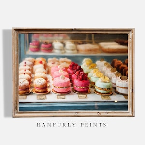 French Pastry Shop Art Print – Colorful Macarons and Desserts, Vintage Paris Bakery Wall Decor, Kitchen Cafe Printable Art