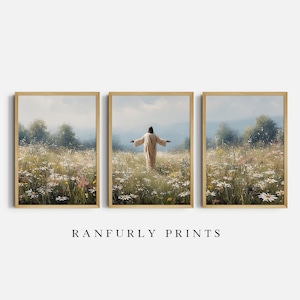 May include: Triptych of framed art prints featuring a serene landscape with a figure in a flowing robe standing in a field of wildflowers. The prints are in wooden frames, with the text "RANFURLY PRINTS" at the bottom.