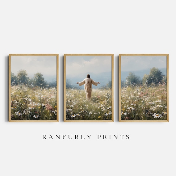 Jesus in Wildflower Meadow Triptych | Christian Digital Download Wall Art | Faith & Nature Printable Set