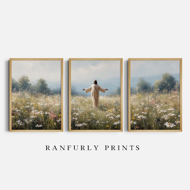 May include: Triptych of framed art prints featuring a serene landscape with a figure in a flowing robe standing in a field of wildflowers. The prints are in wooden frames, with the text "RANFURLY PRINTS" at the bottom.