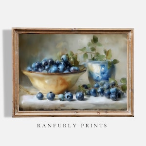 Blueberries Still Life Print: Rustic Farmhouse Kitchen Art (Digital Download)