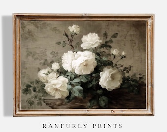 May include: A framed vintage-style print featuring a bouquet of white roses with green leaves against a muted background. The artwork is in a distressed, gold-toned wooden frame. The text "RANFURLY PRINTS" is at the bottom.