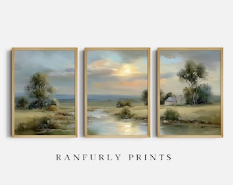 Countryside Triptych Wall Art | Rustic Landscape Digital Download | Farmhouse Nature Prints Set of 3