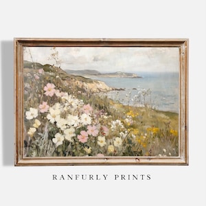 Coastal Oil Print, Pink Wildflowers Seaside Painting, Romantic Landscape Art, Cottagecore Wall Decor, Digital Download