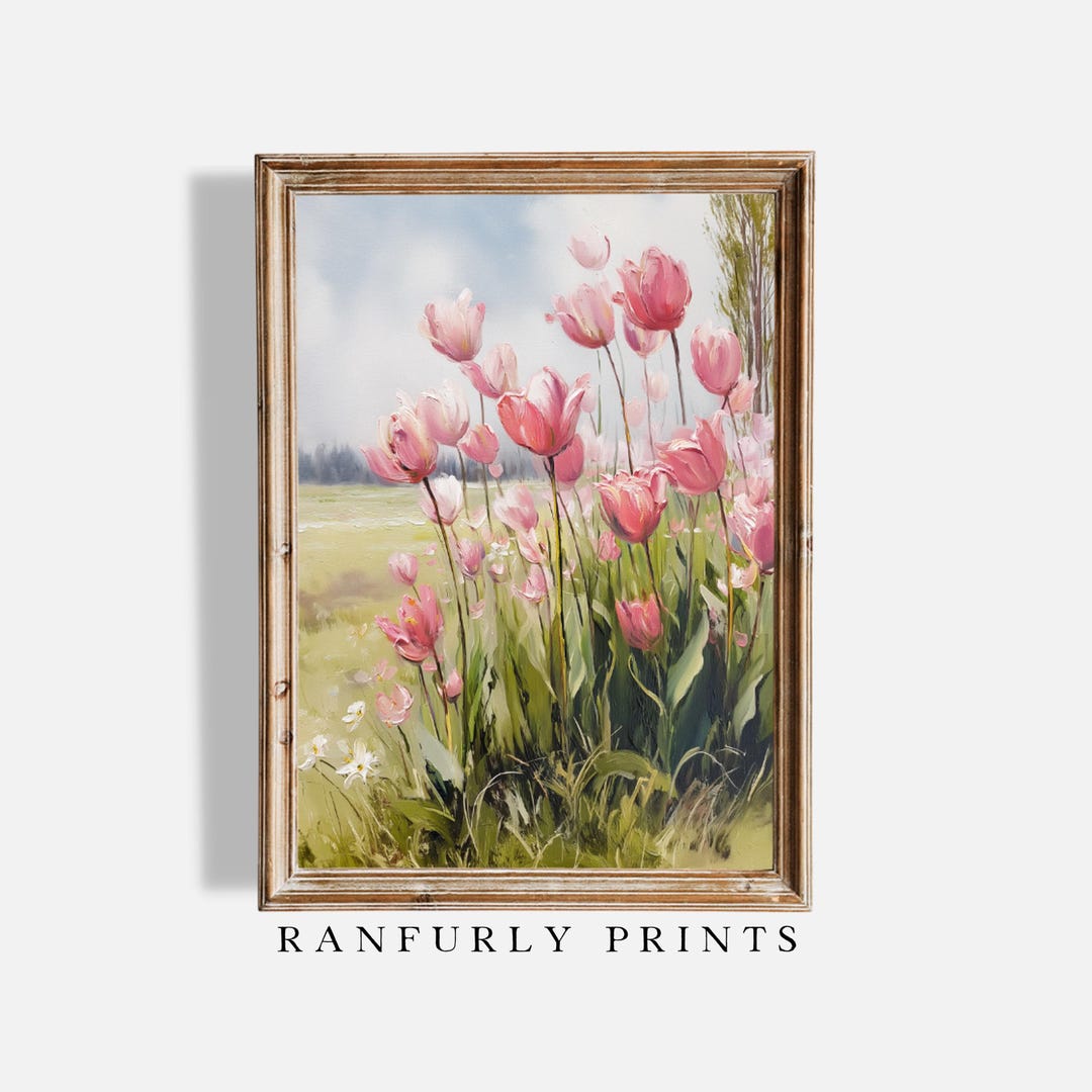 Pink Tulip Field Print: Vintage Cottagecore Floral Art (digital ...