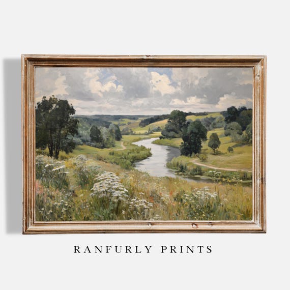 Countryside River Print – Wildflower Meadow Landscape Art – Rustic Nature Wall Decor – Digital Download