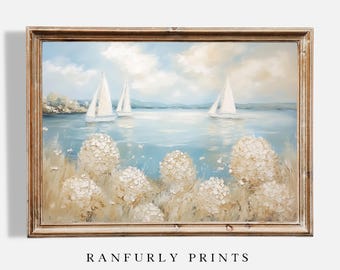 Stampa di ortensie beige e barche a vela, arte murale con paesaggio marino floreale costiero, paesaggio estivo nautico, download digitale