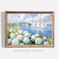 Nantucket Sailboats Print \u2013 White Hydrangeas Coastal Wall Art \u2013 Seaside Village Oil Painting \u2013 Digital Download product logo