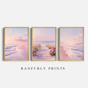 Set of 3 Beach Path and Coastal Sunset Prints | Pastel Ocean Wall Art | Digital Download Set