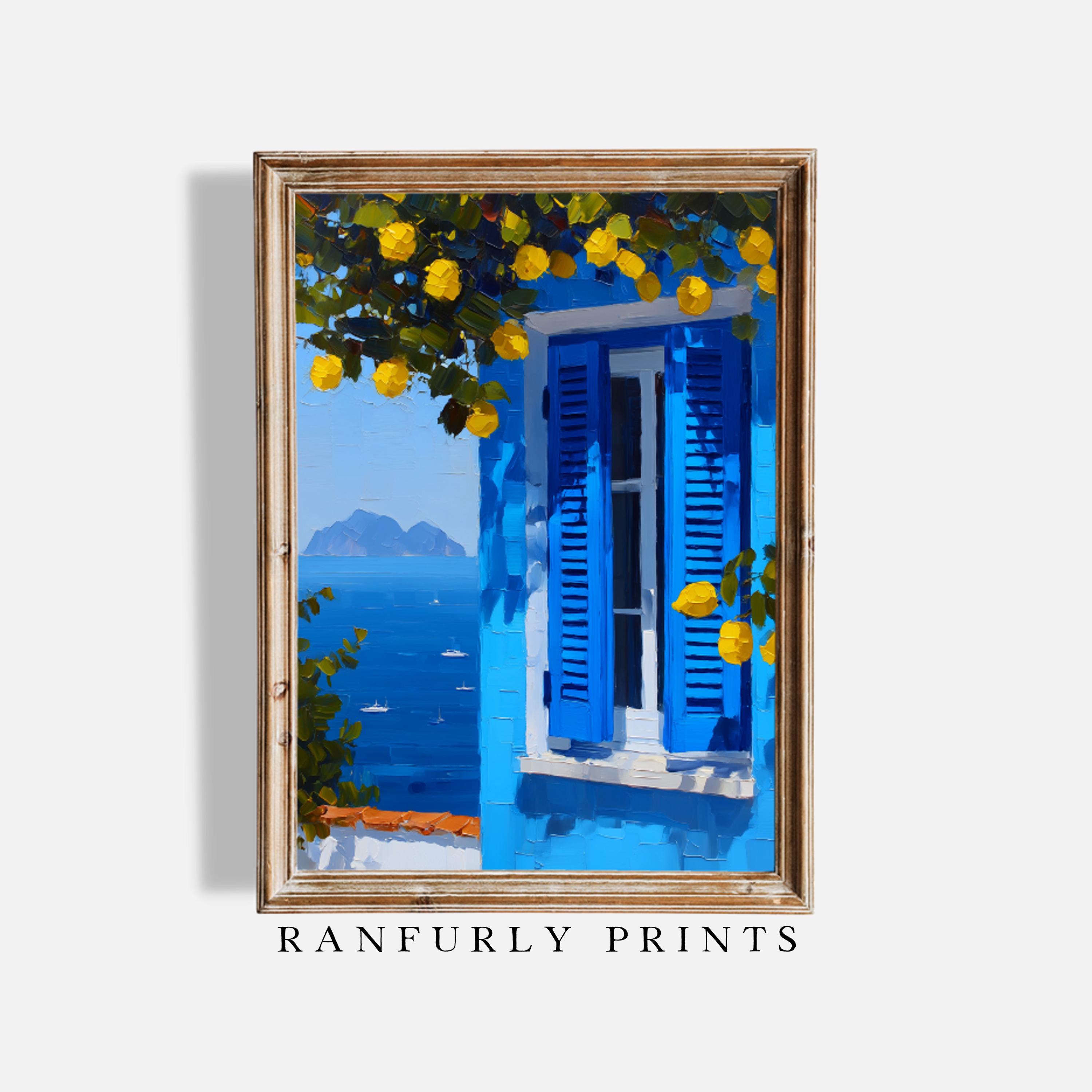 Mediterranean Shutters Print: Coastal Lemon Tree, Greek Island Art