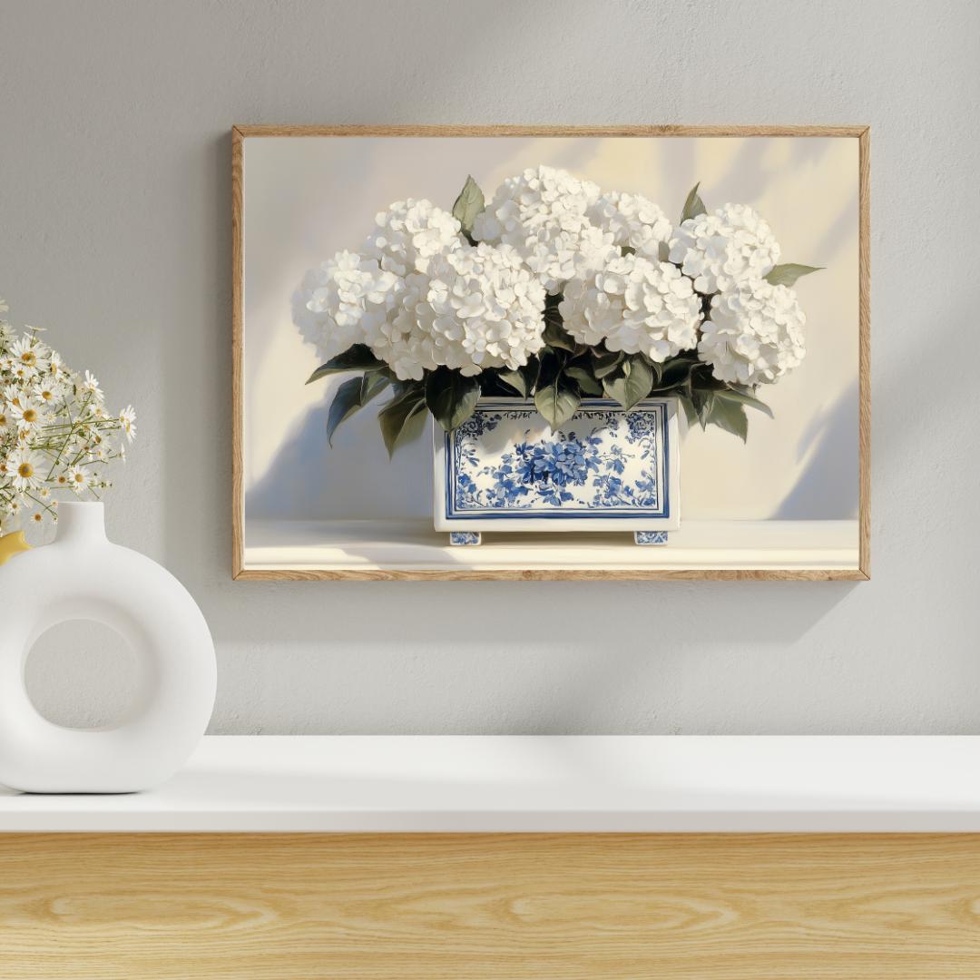 White Hydrangeas in Blue Chinoiserie Planter, Elegant Floral Wall
