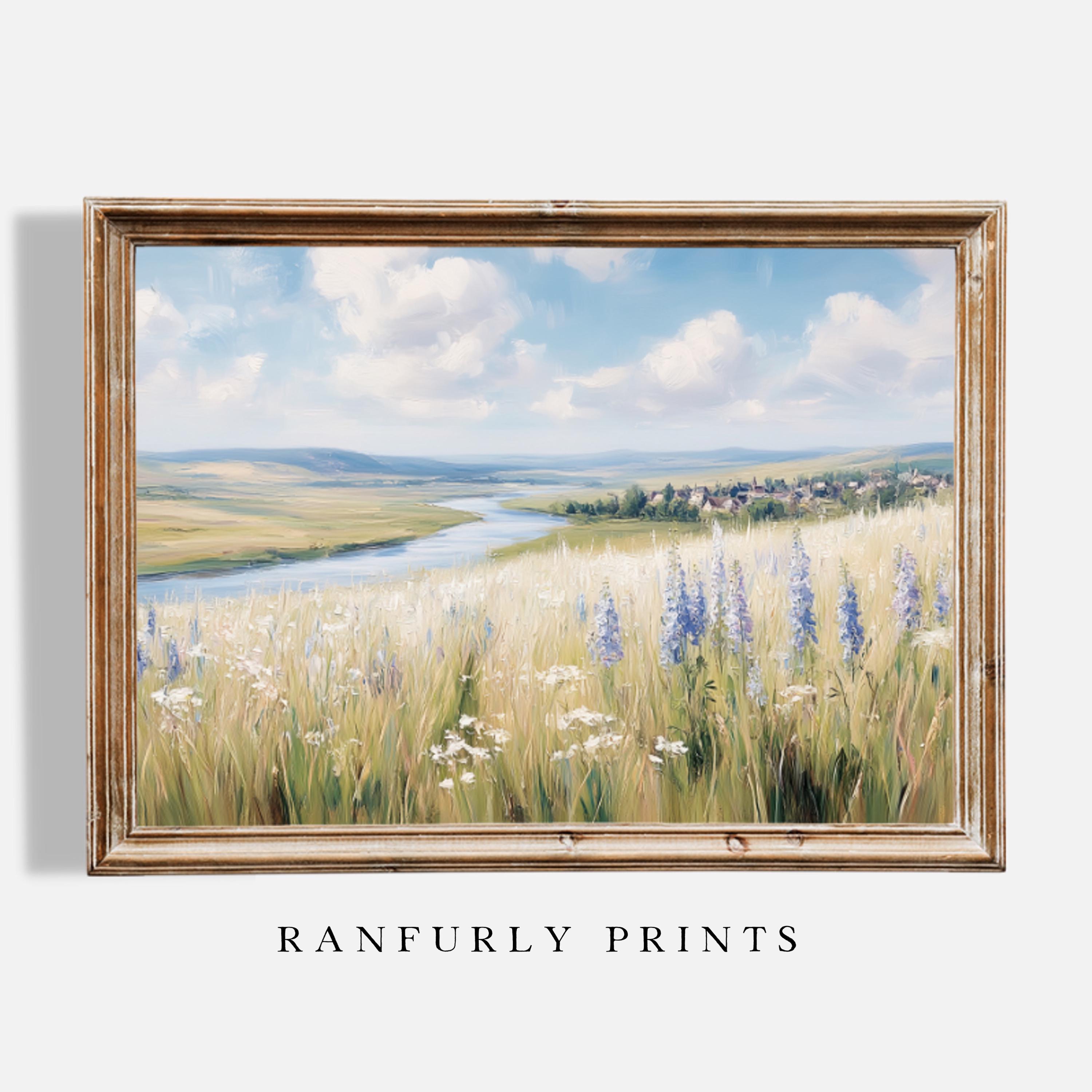 野花が咲く田園川の風景 | 夏の草原の油絵 | デジタルダウンロード