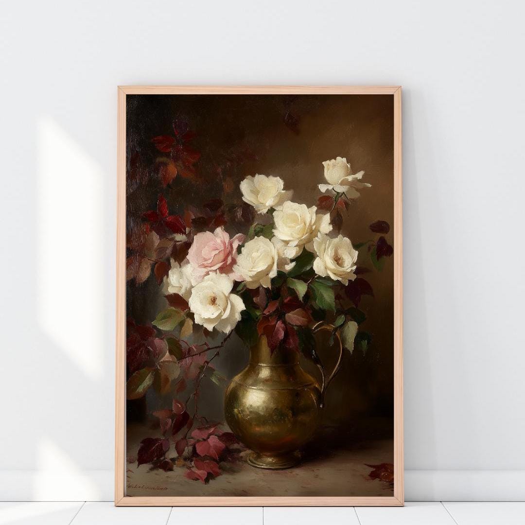 バラの花瓶の静物画、ロマンチックな花の壁アート（デジタル