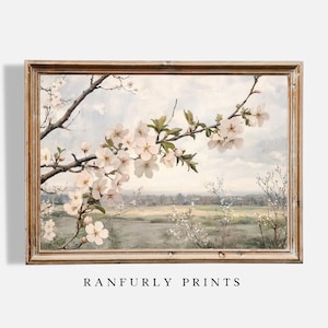 Spring Blossoms Art Print – Romantic Floral Landscape Painting, Soft Neutral Wall Decor