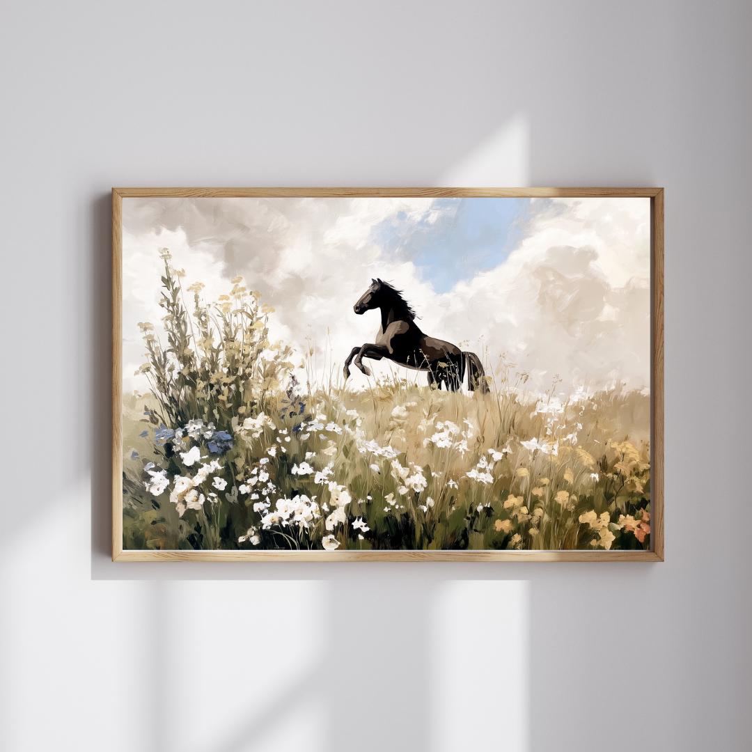 立ち上がる馬の版画：ヴィンテージ乗馬アート、花畑（デジタル