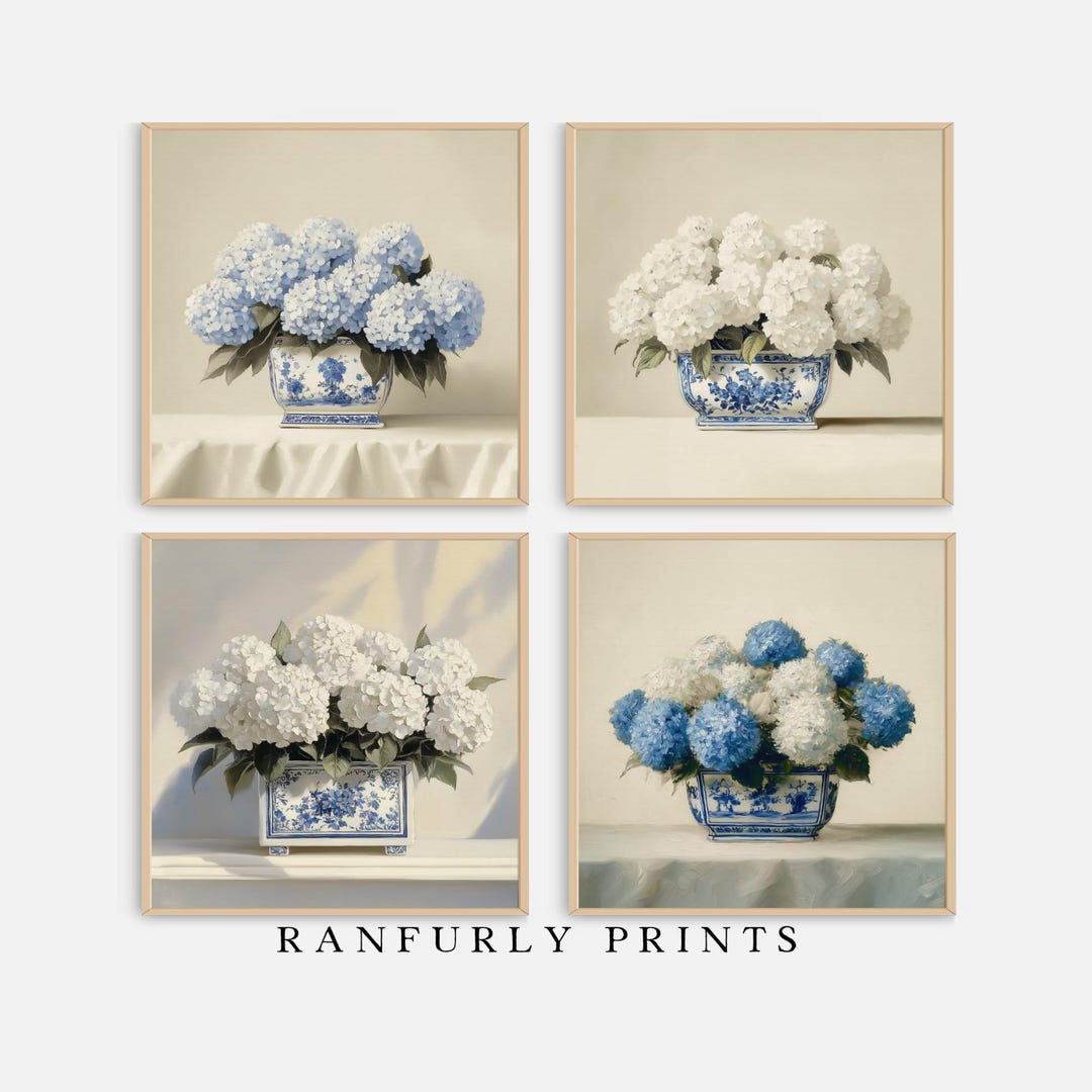 Blue White Hydrangea Prints Set of 4 Chinoiserie Floral Wall Art - Etsy