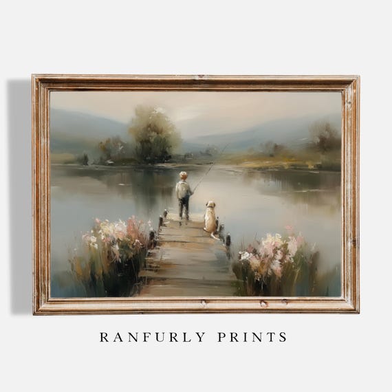 Boy Fishing With Dog Print: Nostalgic Cottagecore Wall Art