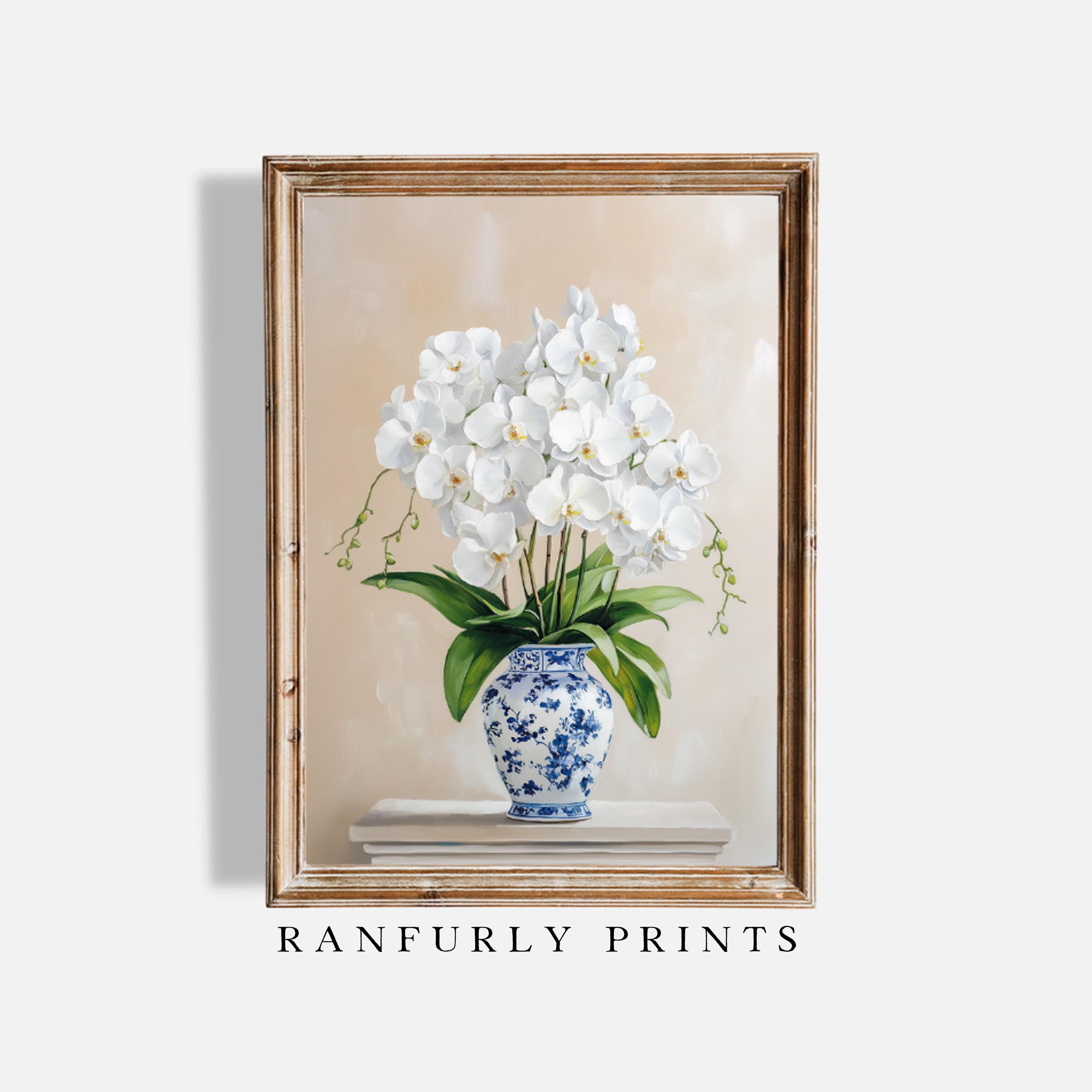 White Orchid in Blue Chinoiserie Vase | Elegant Botanical Oil