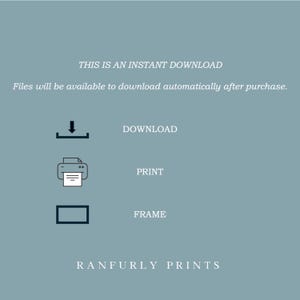 May include: A teal background with white text and icons. The text reads "THIS IS AN INSTANT DOWNLOAD" and "Files will be available to download automatically after purchase." Icons for download, print, and frame are also present. The text "RANFURLY PRINTS" is at the bottom.