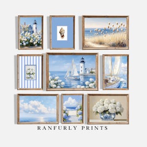 Coastal Wall Art Set of 9 Prints, Beach Gallery Wall Decor, Hydrangea & Nautical Digital Download
