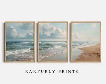 Conjunto de 3 impresiones trípticos de playa oceánica / Arte mural de paisaje marino costero / Descarga digital