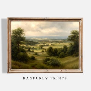 May include: A vintage-style framed landscape painting depicting a valley with rolling hills, trees, and a cloudy sky. The artwork uses a warm colour palette of greens, browns, and yellows. The text "RANFURLY PRINTS" is displayed at the bottom of the frame.