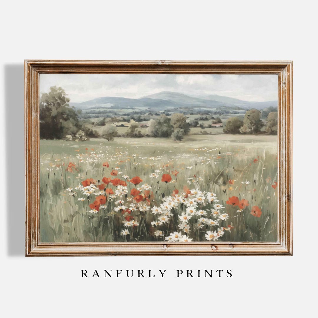 Poppy Meadow Landscape Print, Vintage Wildflower Field Wall Art ...