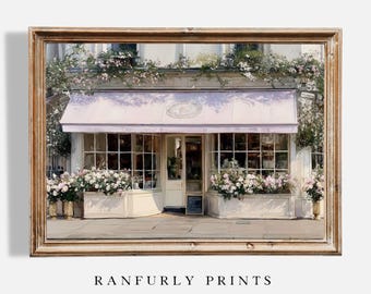 Pink Parisian Cafe Art Print - Romantic Floral Coffee Shop Digital Download