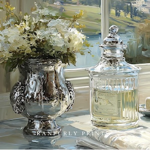 May include: A still life painting featuring a silver vase filled with white flowers and a clear glass jar with a silver lid. The jar has a label with text. The scene is set near a window with a view of a landscape.