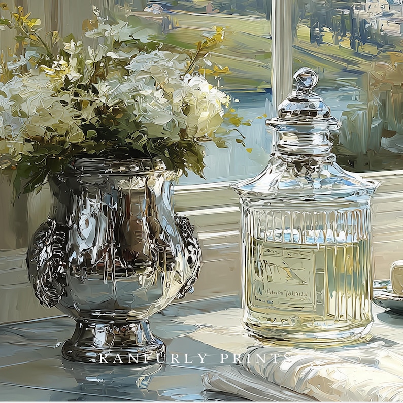 May include: A still life painting featuring a silver vase filled with white flowers and a clear glass jar with a silver lid. The jar has a label with text. The scene is set near a window with a view of a landscape.
