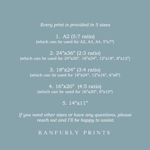 May include: A teal-colored graphic with white text listing five print sizes: A2, 24"x36", 18"x24", 16"x20", and 14"x11". Each size includes compatible dimensions. The text also includes the phrase "RANFURLY PRINTS".