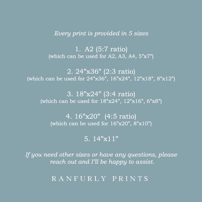 May include: A teal-colored graphic with white text listing five print sizes: A2, 24"x36", 18"x24", 16"x20", and 14"x11". Each size includes compatible dimensions. The text also includes the phrase "RANFURLY PRINTS".