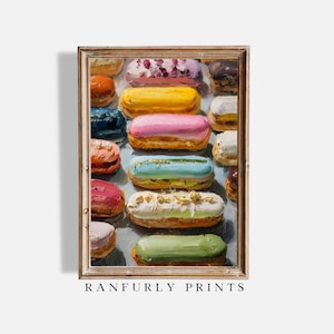 Colorful Eclairs Still Life Print, French Patisserie Wall Art, Vintage Kitchen Decor, Cottage Bakery Printable, Dessert Art