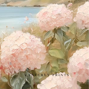May include: Oil painting of pink hydrangea flowers with green leaves. The background shows a landscape with a body of water and hills. The text "RANFURLY PRINTS" is visible at the bottom.
