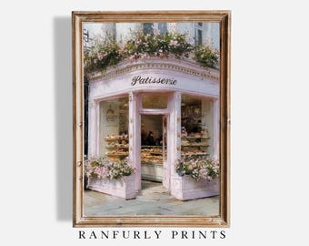 Lámina de pastelería francesa rosa: Arte mural vintage de panadería parisina (descarga digital)