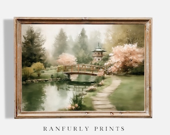 Zen Garden Digital Print, Japanese Pagoda and Bridge Wall Art, Cherry Blossom Landscape Download