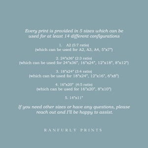 May include: Text on a light blue background lists print sizes and configurations, including A2, 24"x36", 18"x24", 16"x20", and 14"x11". The text also mentions the ability to use the prints in at least 14 different configurations. The bottom of the image includes the text "RANFURLY PRINTS".