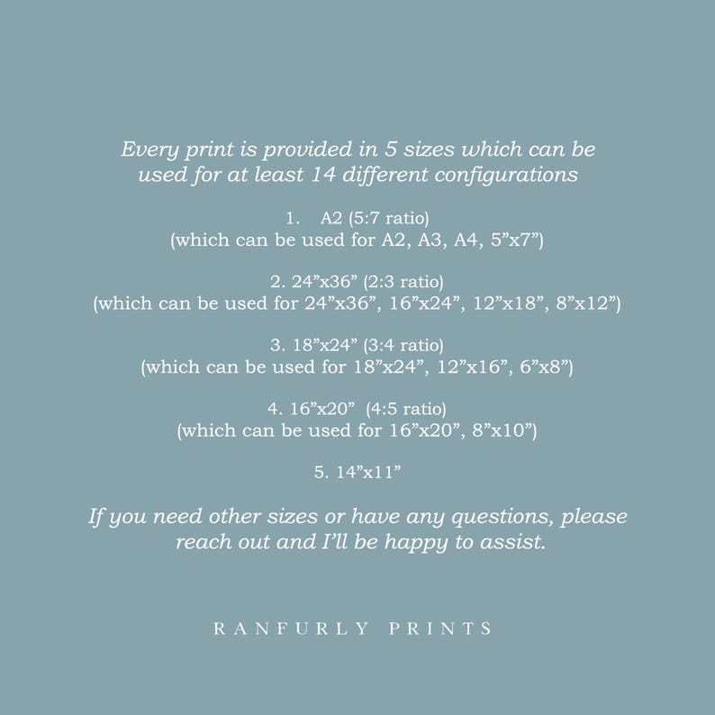 May include: Text on a light blue background lists print sizes and configurations, including A2, 24"x36", 18"x24", 16"x20", and 14"x11". The text also mentions the ability to use the prints in at least 14 different configurations. The bottom of the image includes the text "RANFURLY PRINTS".