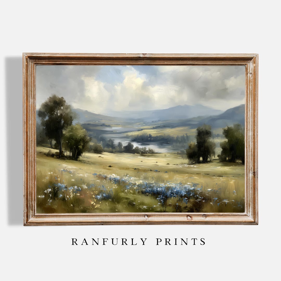 Blue Wildflower Landscape Print, Rustic Farmhouse Wall Art (digital ...