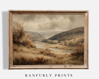 May include: A framed landscape print featuring a river winding through a valley, with hills and trees in muted tones of brown, beige, and gray. The artwork is in a vintage style, with the text "RANFURLY PRINTS" at the bottom.