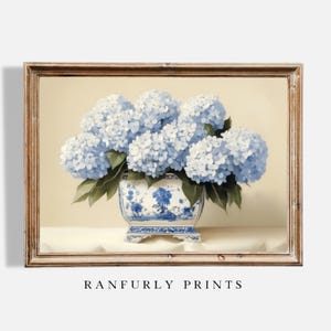 Light Blue Hydrangeas in Chinoiserie Vase, Digital Floral Wall Art Printable Download