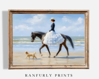 Elegant Woman on Horse at Beach – Digital Download Coastal Dressage Art Print
