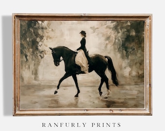 May include: A framed vintage-style print depicts a person riding a black horse. The rider wears a dark coat and hat with a light-colored skirt. The artwork has a muted color palette with the text "RANFURLY PRINTS" at the bottom.