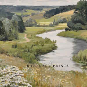 May include: An oil painting depicts a serene landscape with a winding river flowing through a valley. Lush green fields and trees frame the water, with a path visible on the left. The sky is overcast, and the text "RANFURLY PRINTS" is at the bottom.