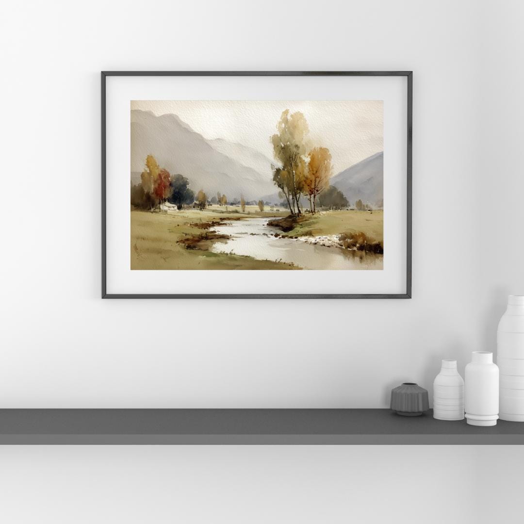 ヴィンテージの秋の風景画プリント：水彩画の川の風景（デジタル