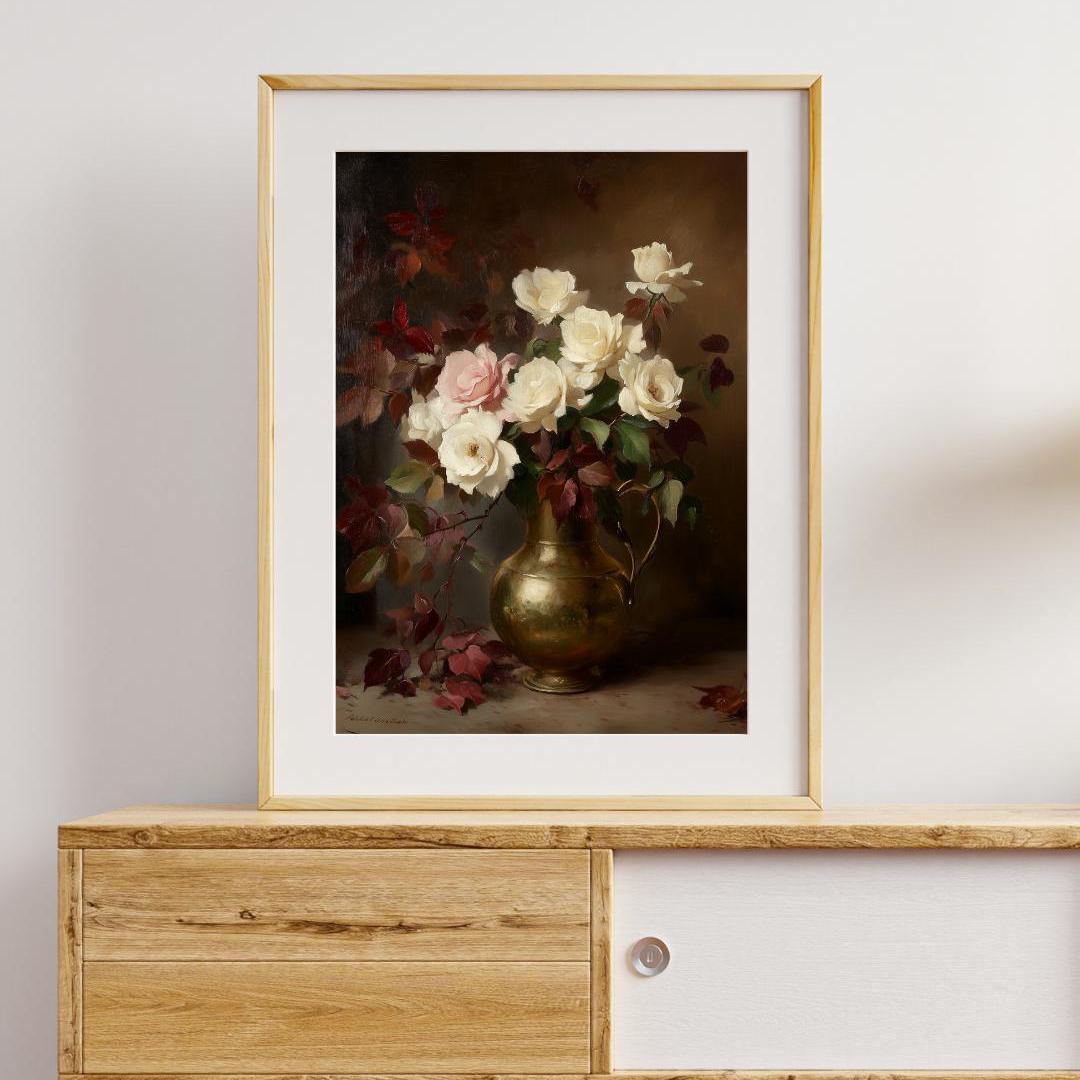 バラの花瓶の静物画、ロマンチックな花の壁アート（デジタル